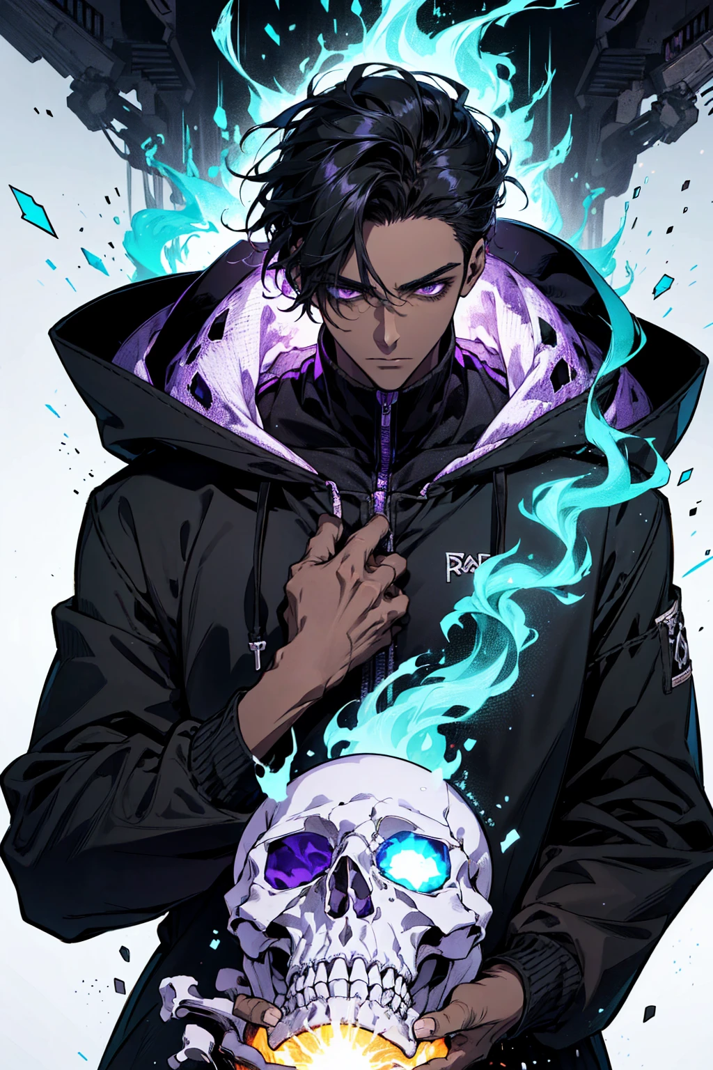 male with bones, looking away from camera, skulls, bones, handsome, black, dark skin, tall, broad shoulders, black hair, purple, purple fire, magic, detailed face, fantasy, hoodie