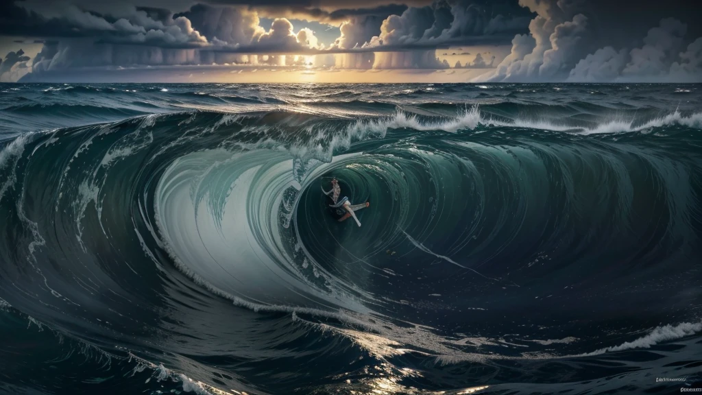 Poseidon, o deus do mar, está no centro da imagem, erguendo seu tridente majestoso. Ele está cercado por ondas gigantescas e redemoinhos, enquanto peixes e criaturas marinhas nadam ao seu redor. A luz solar penetra na superfície da água, iluminando Poseidon em uma aura divina, destacando seu poder e controle absoluto sobre os oceanos. Ao fundo, a linha do horizonte se mistura com o céu tempestuoso, acentuando a grandeza e a força do deus dos mares