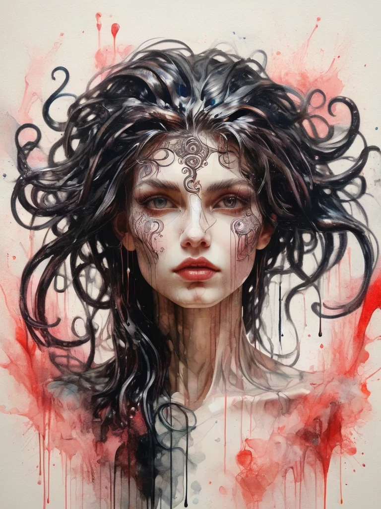 8K, rgb, hdr, pinturas de aceite, acuarelas, colores saturados brillantes, Anna Razumovskaya, Jarek Kubicki, Aleksi Brilo, Darek Zabrotsky, sakimichan, lois, Aminola Rezai, foto CRUDA, negro, dark Rojo, de cerca, Retrato de Medusa, mixed media collage. text with inscription "eloise", hermoso rostro. calligraphy, Gouache Wash, Boceto a pluma, lineas finas, Vintage illustration style. negro, blanco, Rosa coral, Rojo, pelo rubio, beautiful patterns  ral-negrolight