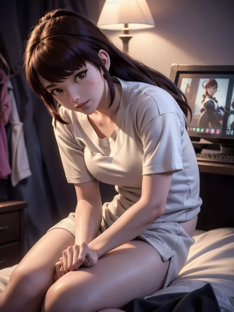 (DVA from Overwatch) without mech, a woman with short brown hair in a (ponytail),she sits on her bed with her legs spread, high ...