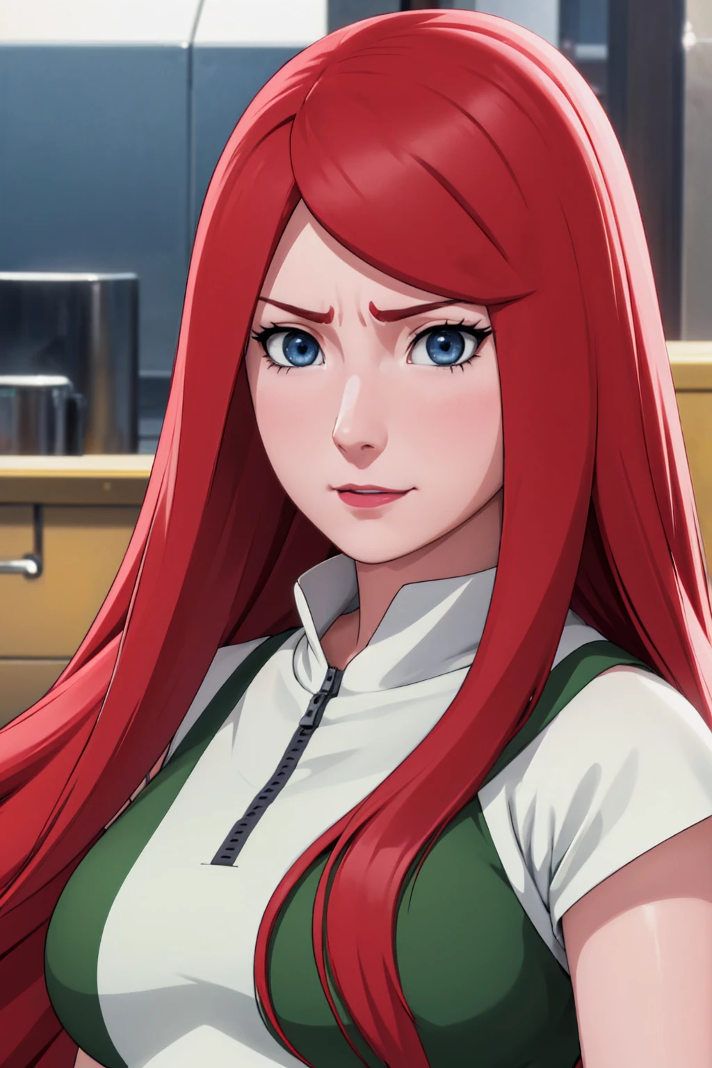 a close up of a person with long hair and a green and white dress, uzumaki kushina, uzumaku kusgiba from anime naruto shippuden, as an anime character, perfect anime face, she has red hair with bangs, female anime character, anime character, anime best girl, hime cut hairstyle, red hair, (red glossy lips:1.3), blue eyes, smile, big , realistic, ultra detail, city background, (beautiful face:1.3)