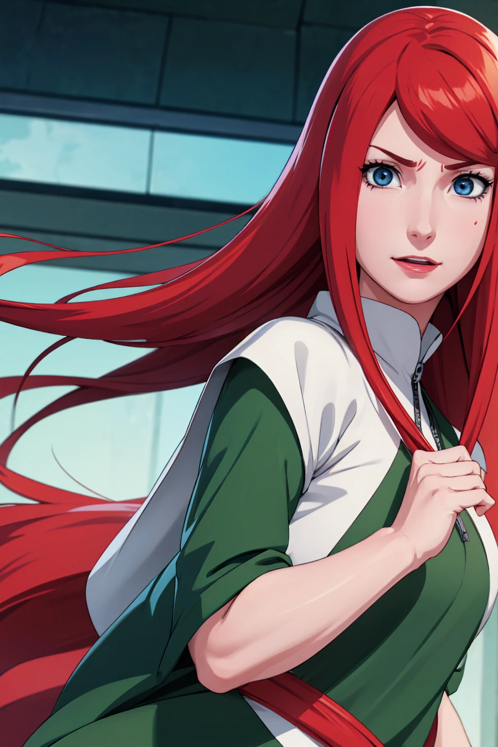 un primer plano de una persona con cabello largo y un vestido verde y blanco, Uzumaki kushina, uzumaku kusgiba from anime naruto shippuden, as an personaje animado, cara de anime perfecta, she has cabello rojo with bangs, female personaje animado, personaje animado, mejor chica anime, peinado de corte hime, cabello rojo, (labios rojos brillantes:1.3), blue eyes, sonrisa, grande , Realista, ultra detalle, Fondo de la ciudad, (Hermoso rostro:1.3) enojado