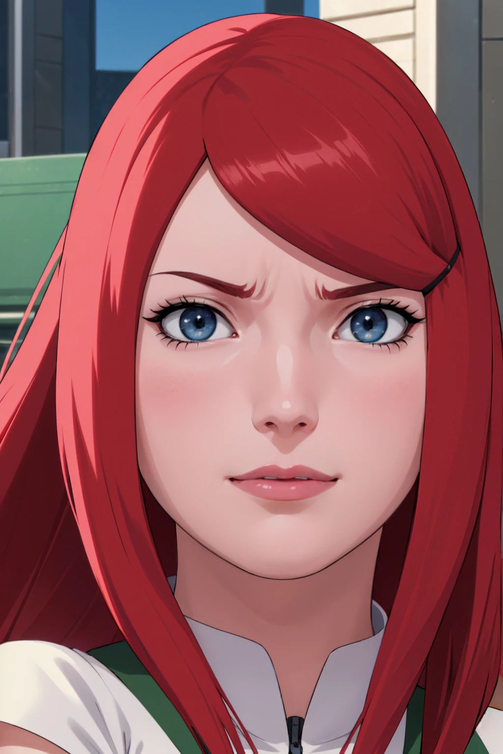 a close up of a person with long hair and a green and white dress, uzumaki kushina, uzumaku kusgiba from anime naruto shippuden, as an anime character, perfect anime face, she has red hair with bangs, female anime character, anime character, anime best girl, hime cut hairstyle, red hair, (red glossy lips:1.3), blue eyes, smile, big , realistic, ultra detail, city background, (beautiful face:1.3)