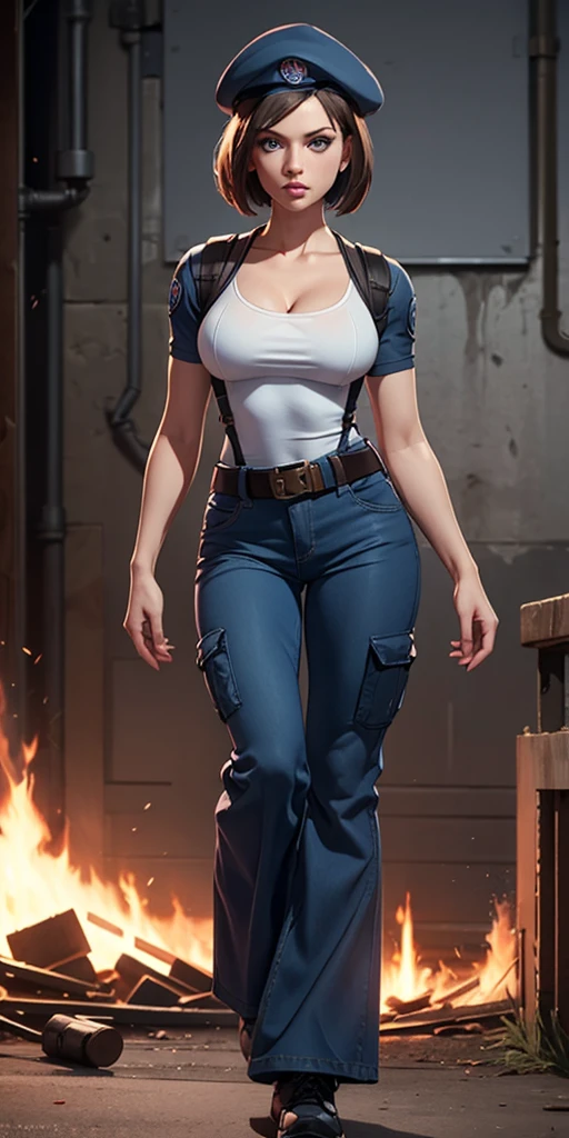 Jill Valentine, masterpiece, best quality, 1girl, solo, standing, jillre1, beret, uniform, shoulder pads, short sleeves, harness, belt, bell-bottom blue pants(Wide flares on pants:1.2), cleavage, black combat boots, full body, perfect blue eyes, perfect red mouth,
