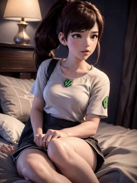 (DVA from Overwatch) without mech, a woman with short brown hair in a (ponytail),she sits on her bed with her legs spread, high ...