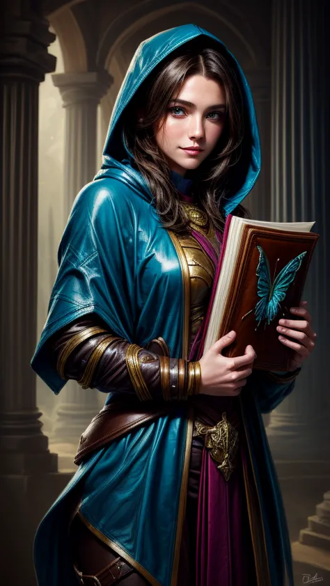 speed painting of portrait of a fantasy female brunette human adventurer, with a blue hood, in leather armour, in a temple, d&d ...