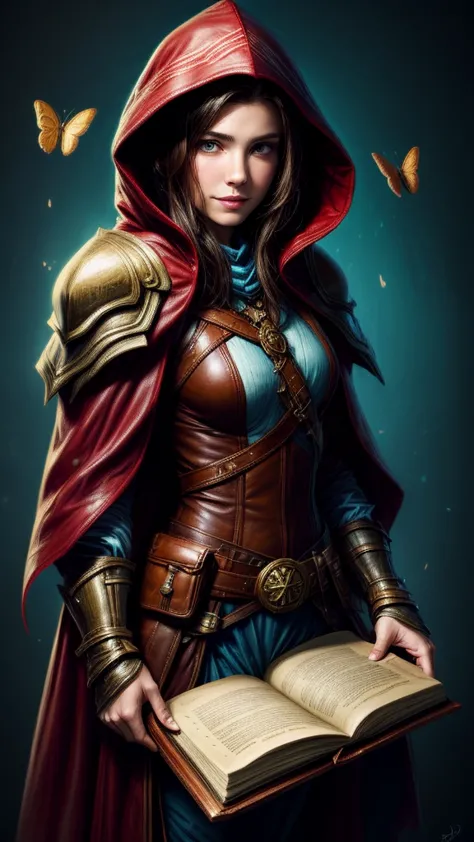 speed painting of portrait of a fantasy female brunette human adventurer, with a blue hood, in leather armour, in a temple, d&d ...