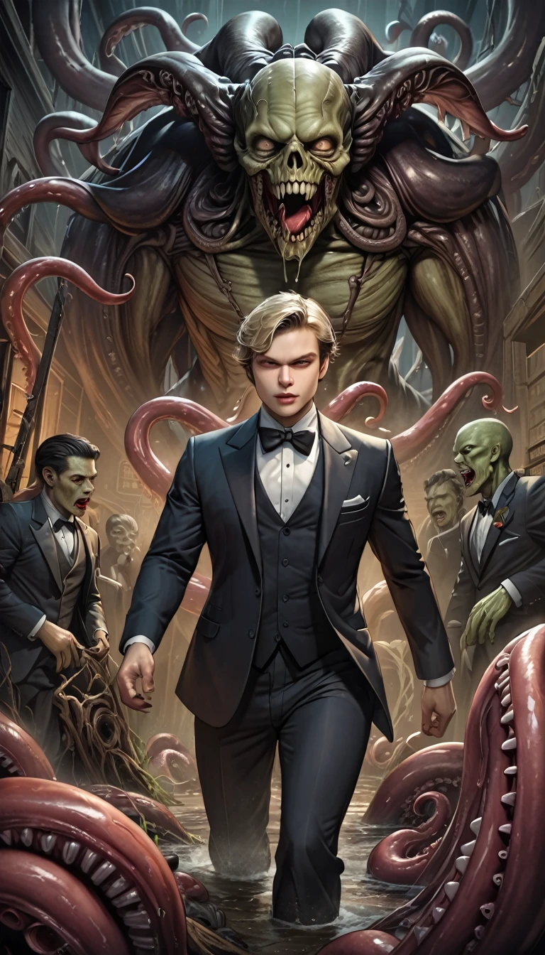 dynamic scene:1.3, smiling young boy:1.1, short blond hair, amazing anatomy zombie attacking, zombie in tuxedo, decaying roots, tentacles, wind blowing, (superb horror perfect art, ultra HD:1.1), (art:H.R. Giger, art by Dan Mumford, Lovecraftian art:1.2), best quality, 500 pixels, societal, 8k, by Dan Mumford