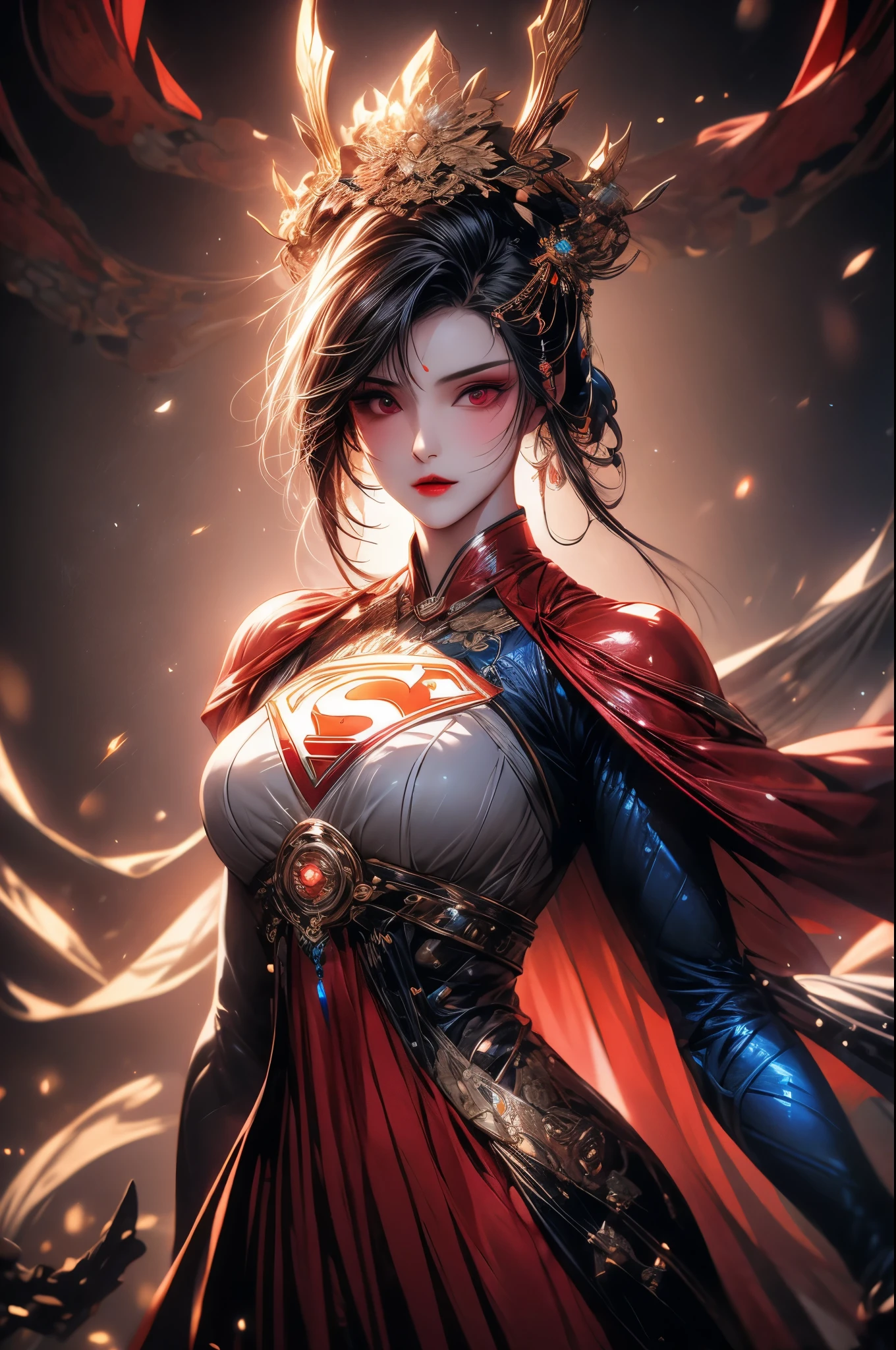 This is an artistic digital illustration portraying the bust of a female figure with supergirl costume and cybernetic enhancements and an elaborate mechanical headdress. The figure's facial expression is passive yet intense, with striking red eyes and blue makeup accentuating her features against the contrasting cool metallic tones of the machinery. Rich in detail, the artwork blends organic and mechanical aesthetics, combining smooth human skin with intricate gears, wires, and dripping,  Chinese aesthetic landscape  background as an RPG game asset, unreal engine, 