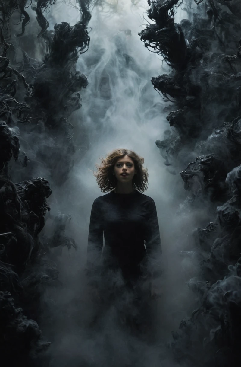 Engulfed By black, Deep in the forest a girl stands surrounded by ghosts, lovecraftian, horror, still from the movie "the thing" 