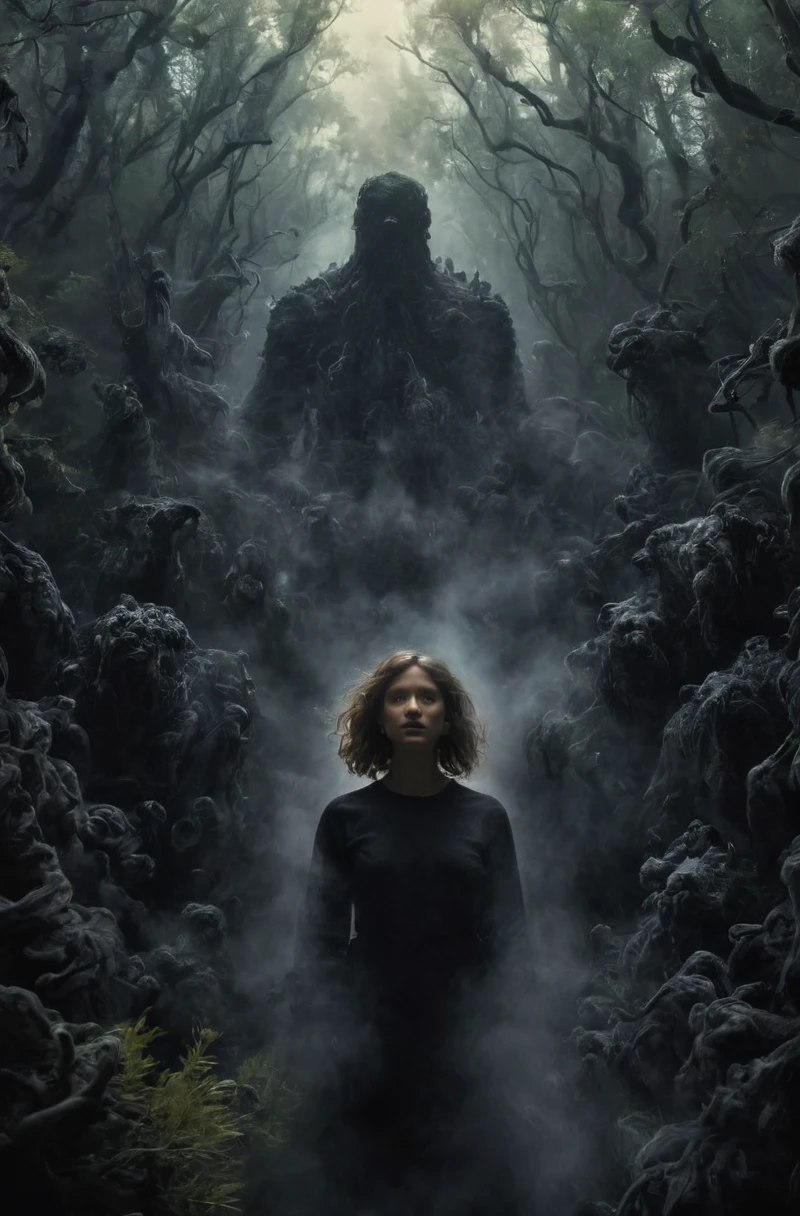 Engulfed By black, Deep in the forest a girl stands surrounded by ghosts, lovecraftian, horror, still from the movie "the thing" 