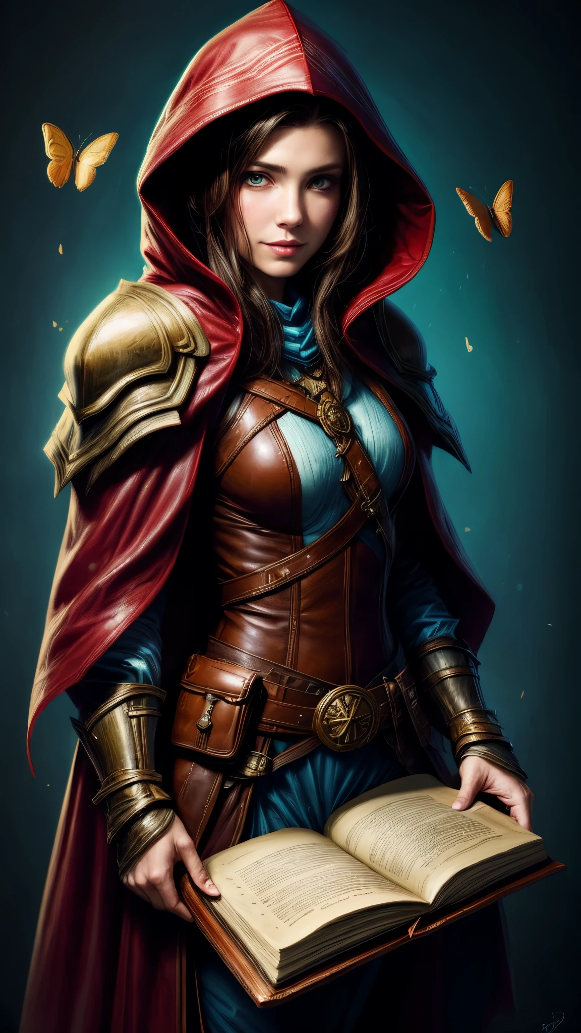 Speed painting of portrait of a fantasy female brunette human adventurer, with a blue hood, in leather armour, in a temple, D&D character, holding a very large leather bound magical book with butterfly on the book cover, slight smile on face.