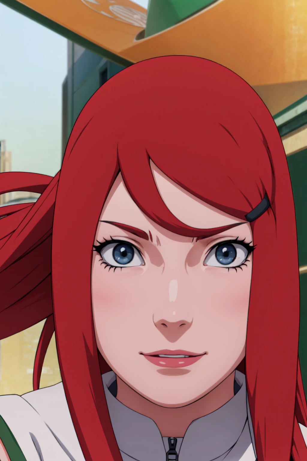 a close up of a person with long hair and a green and white dress, uzumaki kushina, uzumaku kusgiba from anime naruto shippuden, as an anime character, perfect anime face, she has red hair with bangs, female anime character, anime character, anime best girl, hime cut hairstyle, red hair, (red glossy lips:1.3), blue eyes, smile, big , realistic, ultra detail, city background, (beautiful face:1.3)