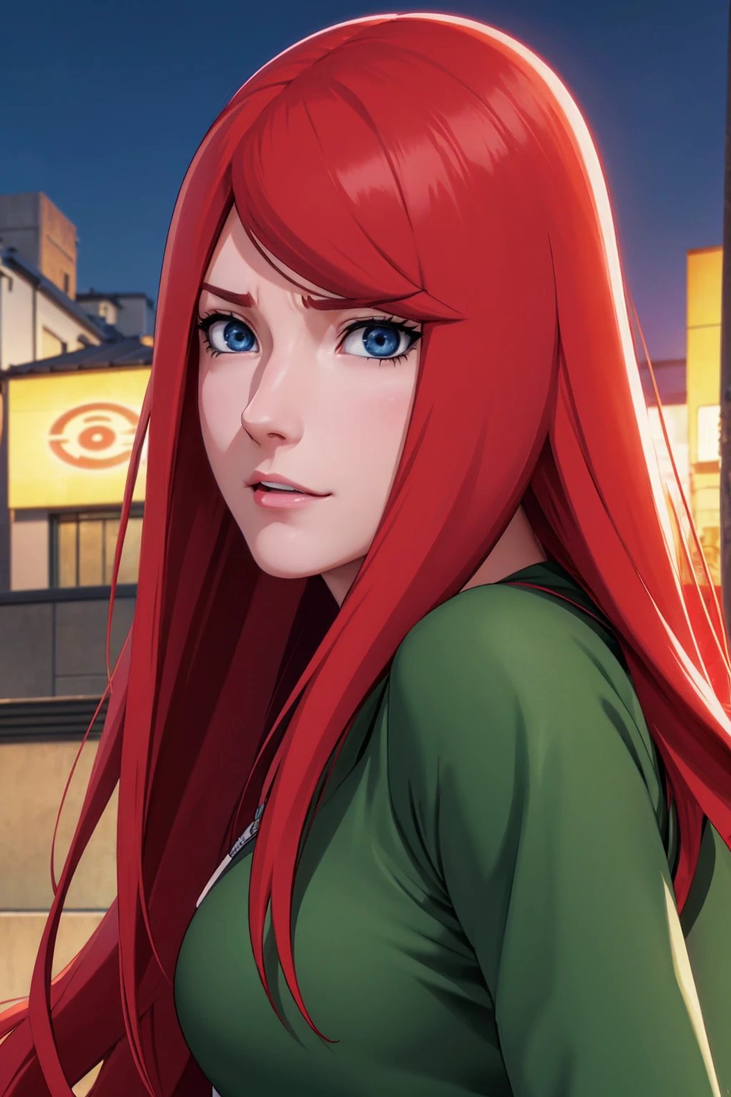 a close up of a person with long hair and a green and white dress, uzumaki kushina, uzumaku kusgiba from anime naruto shippuden, as an anime character, perfect anime face, she has red hair with bangs, female anime character, anime character, anime best girl, hime cut hairstyle, red hair, (red glossy lips:1.3), blue eyes, smile, big , realistic, ultra detail, city background, (beautiful face:1.3)