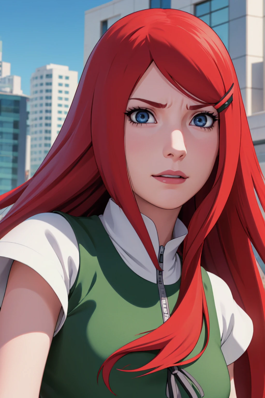 a close up of a person with long hair and a green and white dress, uzumaki kushina, uzumaku kusgiba from anime naruto shippuden, as an anime character, perfect anime face, she has red hair with bangs, female anime character, anime character, anime best girl, hime cut hairstyle, red hair, (red glossy lips:1.3), blue eyes, smile, big , realistic, ultra detail, city background, (beautiful face:1.3)