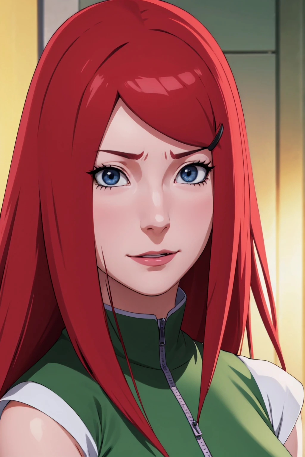 a close up of a person with long hair and a green and white dress, uzumaki kushina, uzumaku kusgiba from anime naruto shippuden, as an anime character, perfect anime face, she has red hair with bangs, female anime character, anime character, anime best girl, hime cut hairstyle, red hair, (red glossy lips:1.3), blue eyes, smile, big , realistic, ultra detail, city background, (beautiful face:1.3)