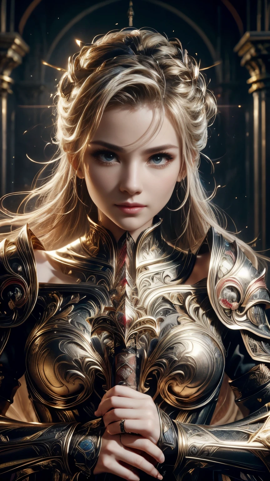 (RAW shooting:1.5, Photoreal:1.5, 8k, highest quality, masterpiece, ultra high resolution), medieval europe, world of magic and swords, perfect dynamic composition:1.2, Mysterious:1.3, Highly detailed skin and facial textures:1.3, cute and sexy slim female warrior, beautiful and aesthetic:1.2, cute and sexy beauty, perfect style:1.1, Grasp the great sword with both hands:1.3, wear elaborate rings, fire, water, Wind, thunder, ice, Fair skin, very beautiful face, (Medium chest, Chest gap), (embarrassing smile, The expression on your face when you feel intense caress, Facial expression when feeling pleasure), (Shiny sexy gold metallic armor:1.1, off shoulder, Navel exposure), (beautiful blue eyes, Eyes that feel beautiful eros:0.8), (Too erotic:0.9, Bewitching:0.9), full body shot, Ancient castle in the background