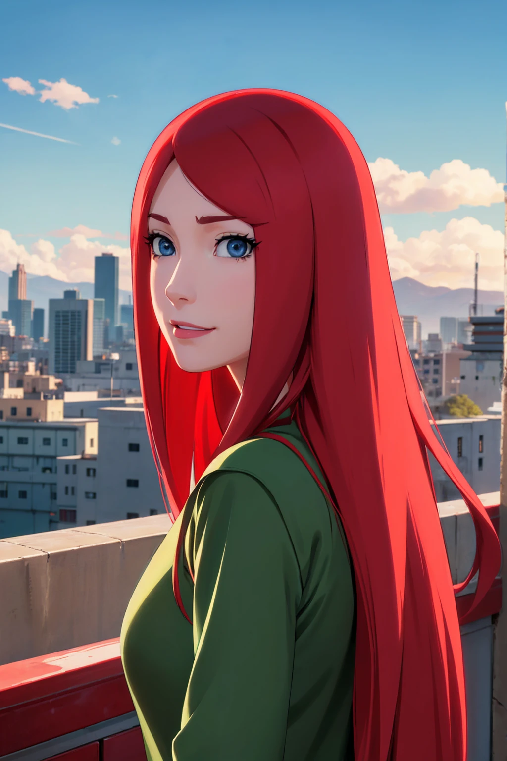 長い髪と緑と白のドレスを着た人のクローズアップ, uzumaki kushina, uzumaku kusgiba from anime naruto shippuden, as an アニメキャラクター, 完璧なアニメの顔, she has 赤毛 with bangs, female アニメキャラクター, アニメキャラクター, アニメベストガール, 姫カットヘアスタイル, 赤毛, (赤い光沢のある唇:1.3), 青い目, 笑顔, 大きい , 現実的, 超詳細, 都市の背景, (美しい顔:1.3) 後ろ向き, 思い返す