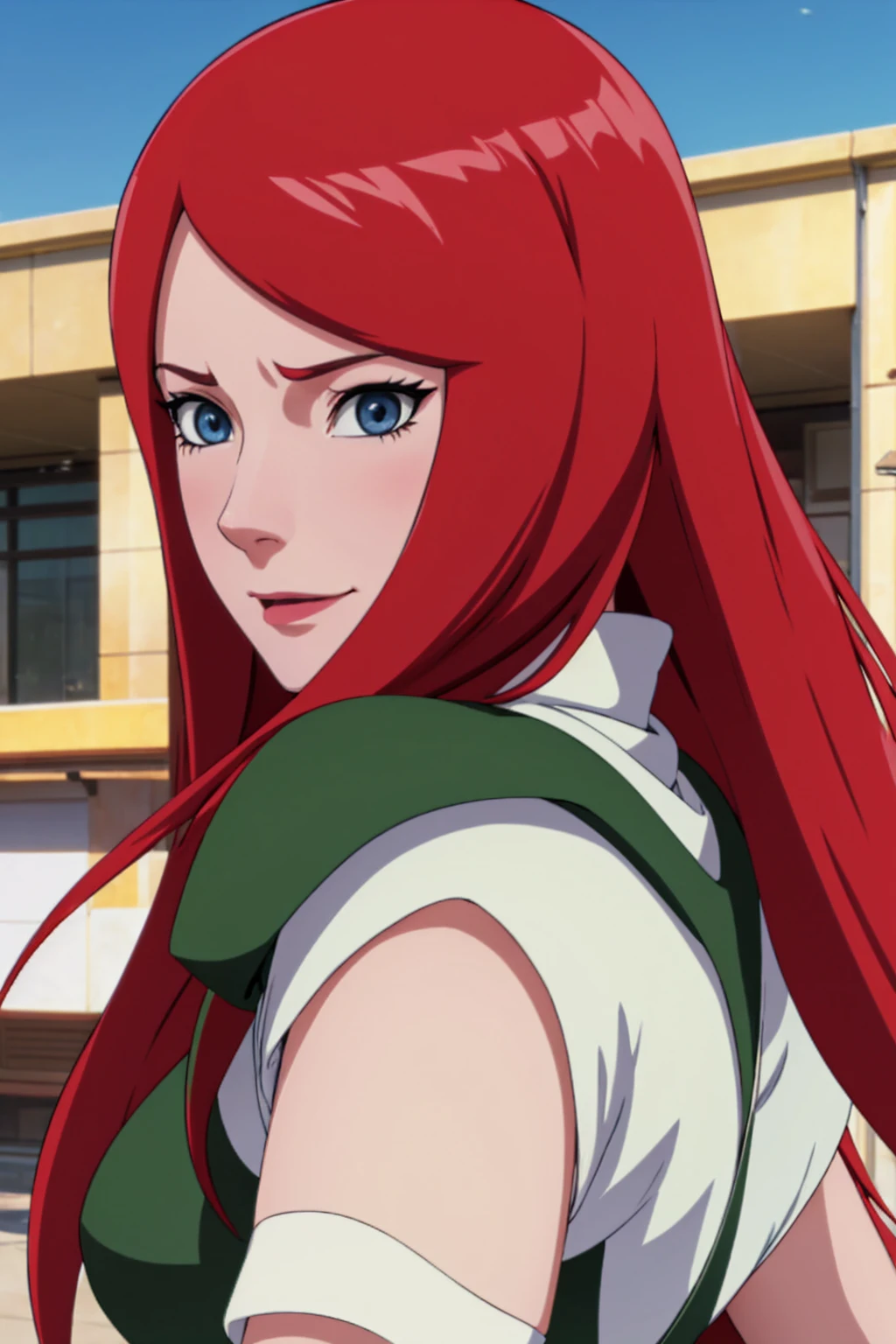 a close up of a person with long hair and a green and white dress, uzumaki kushina, uzumaku kusgiba from anime naruto shippuden, as an anime character, perfect anime face, she has red hair with bangs, female anime character, anime character, anime best girl, hime cut hairstyle, red hair, (red glossy lips:1.3), blue eyes, smile, big , realistic, ultra detail, city background, (beautiful face:1.3)