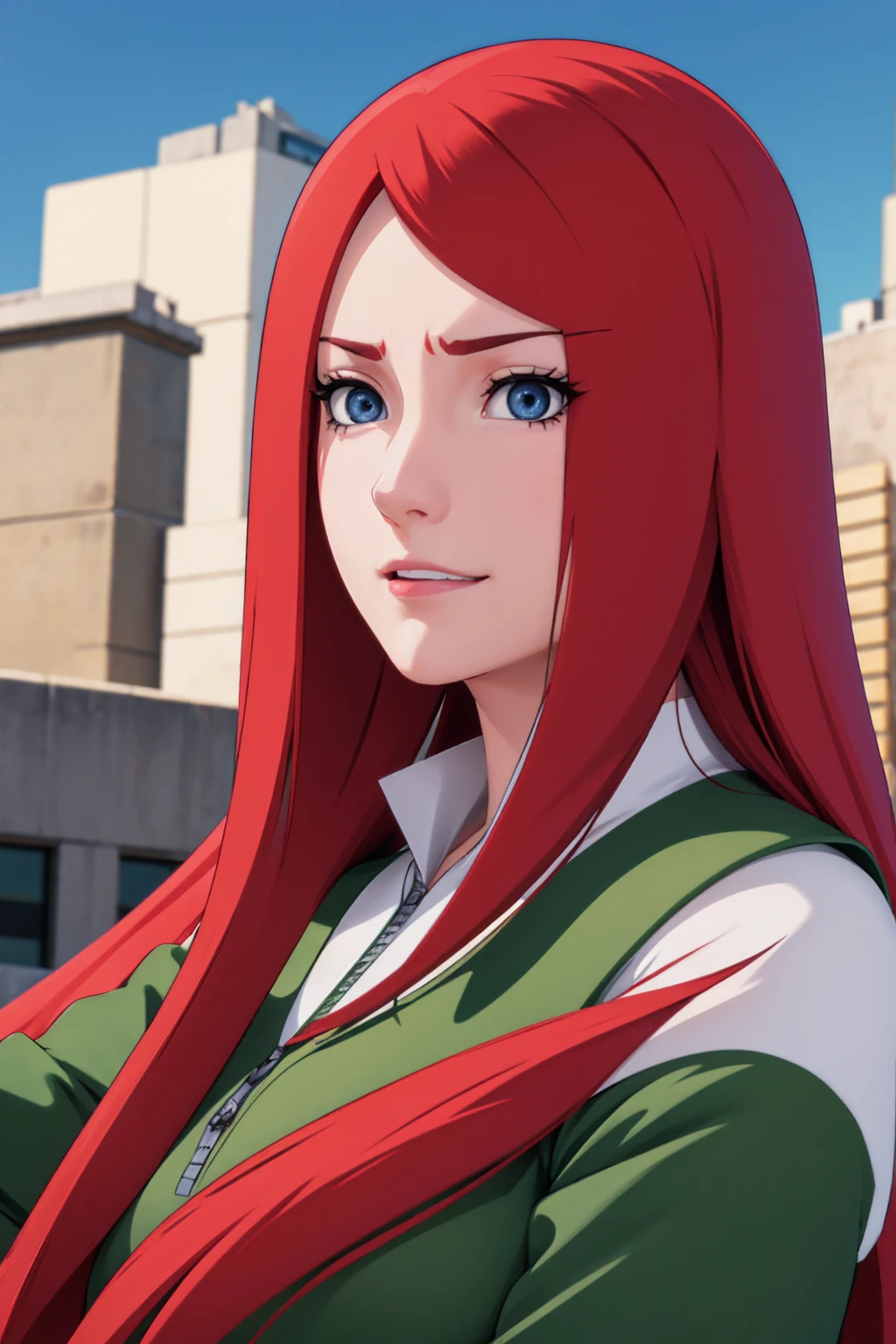 a close up of a person with long hair and a green and white dress, uzumaki kushina, uzumaku kusgiba from anime naruto shippuden, as an anime character, perfect anime face, she has red hair with bangs, female anime character, anime character, anime best girl, hime cut hairstyle, red hair, (red glossy lips:1.3), blue eyes, smile, big , realistic, ultra detail, city background, (beautiful face:1.3)