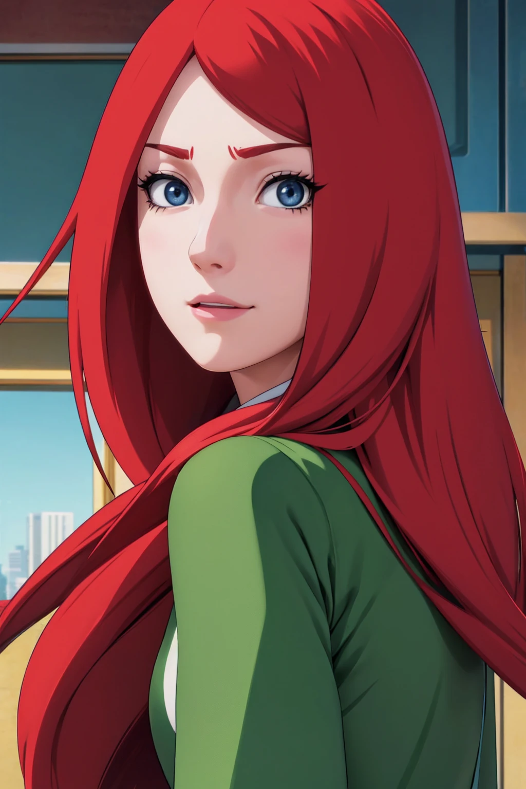 a close up of a person with long hair and a green and white dress, uzumaki kushina, uzumaku kusgiba from anime naruto shippuden, as an anime character, perfect anime face, she has red hair with bangs, female anime character, anime character, anime best girl, hime cut hairstyle, red hair, (red glossy lips:1.3), blue eyes, smile, big , realistic, ultra detail, city background, (beautiful face:1.3)