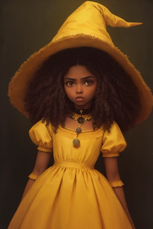 dark brown skin girl,16 years old, huge gorgeous afro hair and big eyes, wearing a yellow dress and a yellow witch hat, soft expression. semi realistic. flat figure