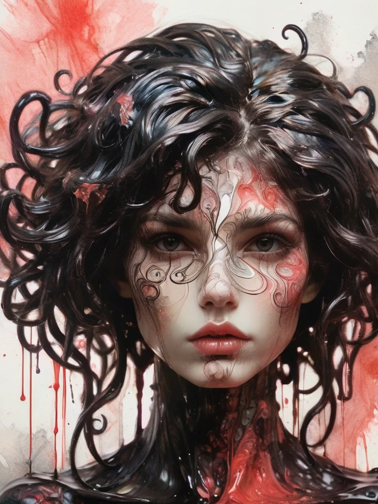 8K, rgb, hdr, pinturas de aceite, acuarelas, colores saturados brillantes, Anna Razumovskaya, Jarek Kubicki, Aleksi Brilo, Darek Zabrotsky, sakimichan, lois, Aminola Rezai, foto CRUDA, negro, dark Rojo, de cerca, Retrato de Medusa, mixed media collage. text with inscription "eloise", hermoso rostro. calligraphy, Gouache Wash, Boceto a pluma, lineas finas, Vintage illustration style. negro, blanco, Rosa coral, Rojo, pelo rubio, beautiful patterns  ral-negrolight