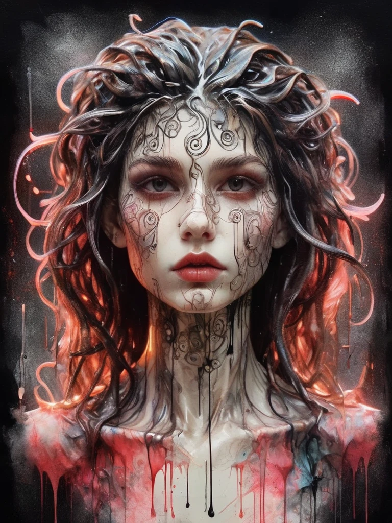 8K, rgb, hdr, pinturas de aceite, acuarelas, colores saturados brillantes, Anna Razumovskaya, Jarek Kubicki, Aleksi Brilo, Darek Zabrotsky, sakimichan, lois, Aminola Rezai, foto CRUDA, negro, dark Rojo, de cerca, Retrato de Medusa, mixed media collage. text with inscription "eloise", hermoso rostro. calligraphy, Gouache Wash, Boceto a pluma, lineas finas, Vintage illustration style. negro, blanco, Rosa coral, Rojo, pelo rubio, beautiful patterns  ral-negrolight