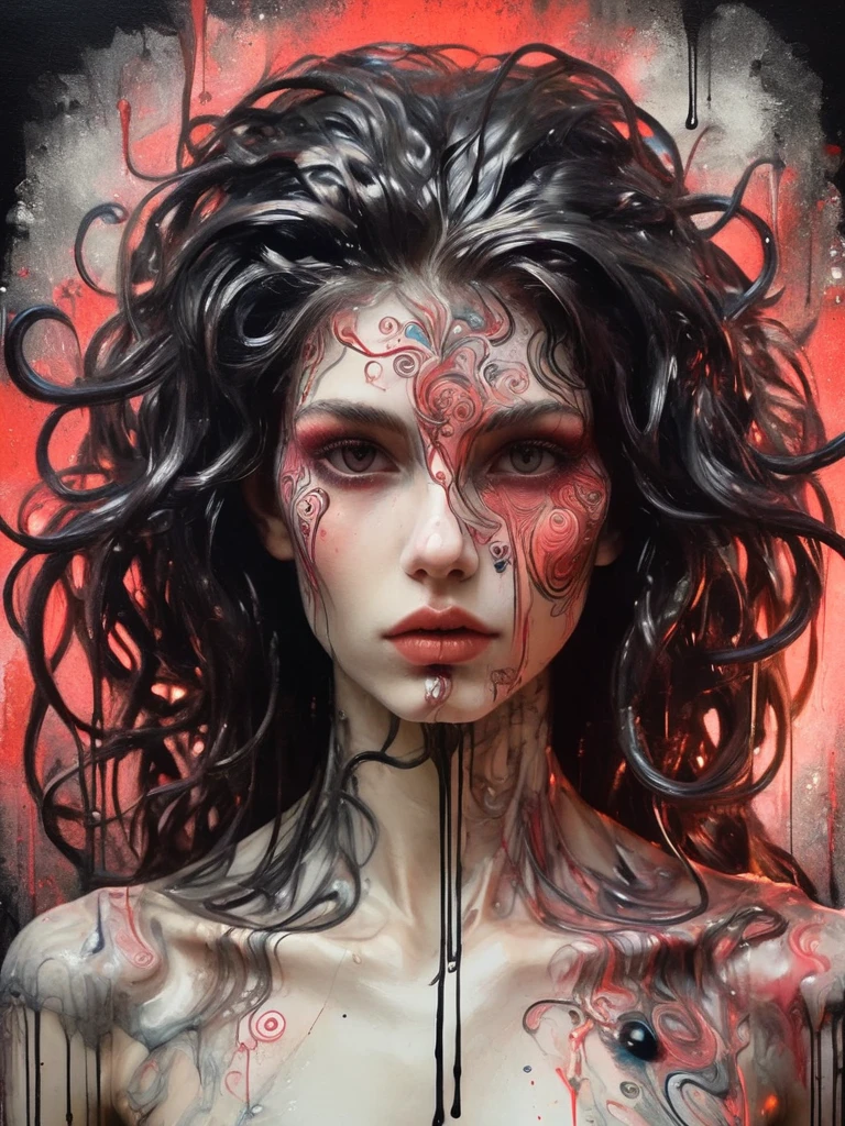 8K, rgb, hdr, pinturas de aceite, acuarelas, colores saturados brillantes, Anna Razumovskaya, Jarek Kubicki, Aleksi Brilo, Darek Zabrotsky, sakimichan, lois, Aminola Rezai, foto CRUDA, negro, dark Rojo, de cerca, Retrato de Medusa, mixed media collage. text with inscription "eloise", hermoso rostro. calligraphy, Gouache Wash, Boceto a pluma, lineas finas, Vintage illustration style. negro, blanco, Rosa coral, Rojo, pelo rubio, beautiful patterns  ral-negrolight