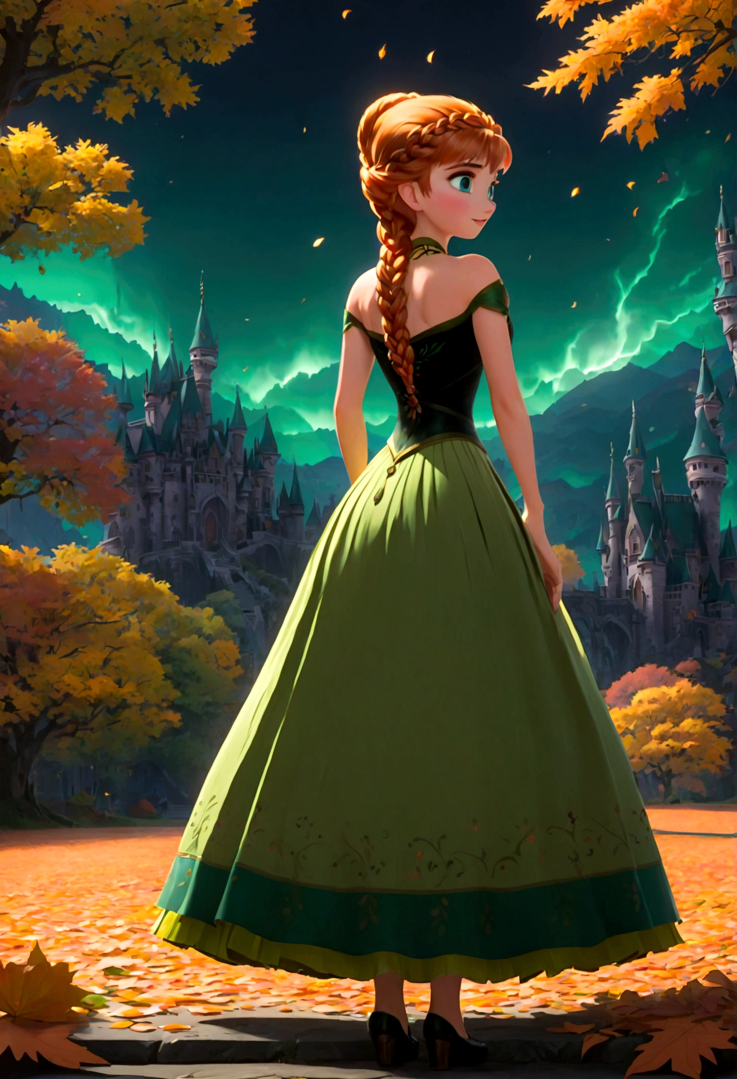 1girl, Anna (frozen), anna of arendelle, bare shoulder, black bodice, green skirt, necklace, updo, twin braids, braid, orange hair, castle, solo, (Back View:1.4), autumn, anime screenshot, source_anime, dramatic composition, cinematic dynamic action scene, vibrant colors, cinematic lighting, dramatic lighting, best quality, masterpiece, very aesthetic, perfect composition, intricate details, ultra-detailed