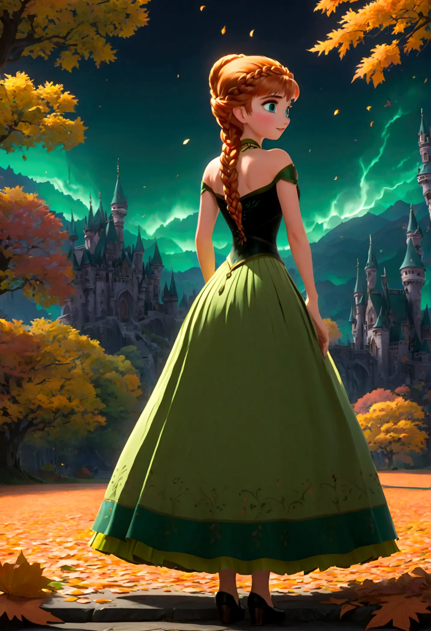 1girl, anna (frozen), anna of arendelle, bare shoulder, black bodice, green skirt, necklace, updo, twin braids, braid, orange ha...