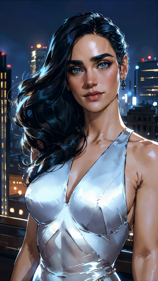 Masterpiece, Jennifer Connelly, cowboy shot, wearing sexy silk dress, perfect detailed eyes, delicate smile on your face, on the top of a loft in Los Angeles City at night with buildings and lights in the background bringing an elegant and modern air to the scene.