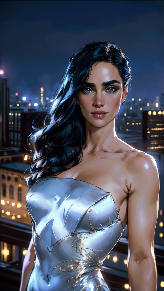 obra de arte, Jennifer Connelly, tiro de vaqueiro, usando vestido de seda sexy, olhos detalhados perfeitos, sorriso delicado em seu rosto, no topo de um loft na cidade de Los Angeles à noite com prédios e luzes ao fundo trazendo um ar elegante e moderno ao cenário.