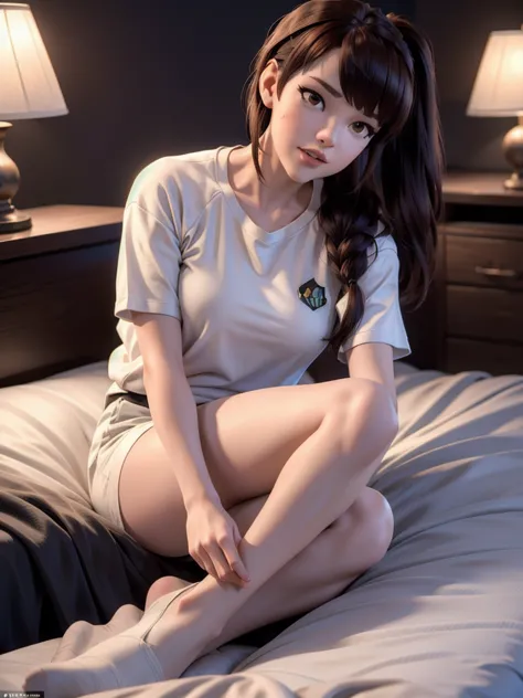 (DVA from Overwatch) without her mech, a woman with short brown hair in a (ponytail),she sits on her bed with her legs spread, h...