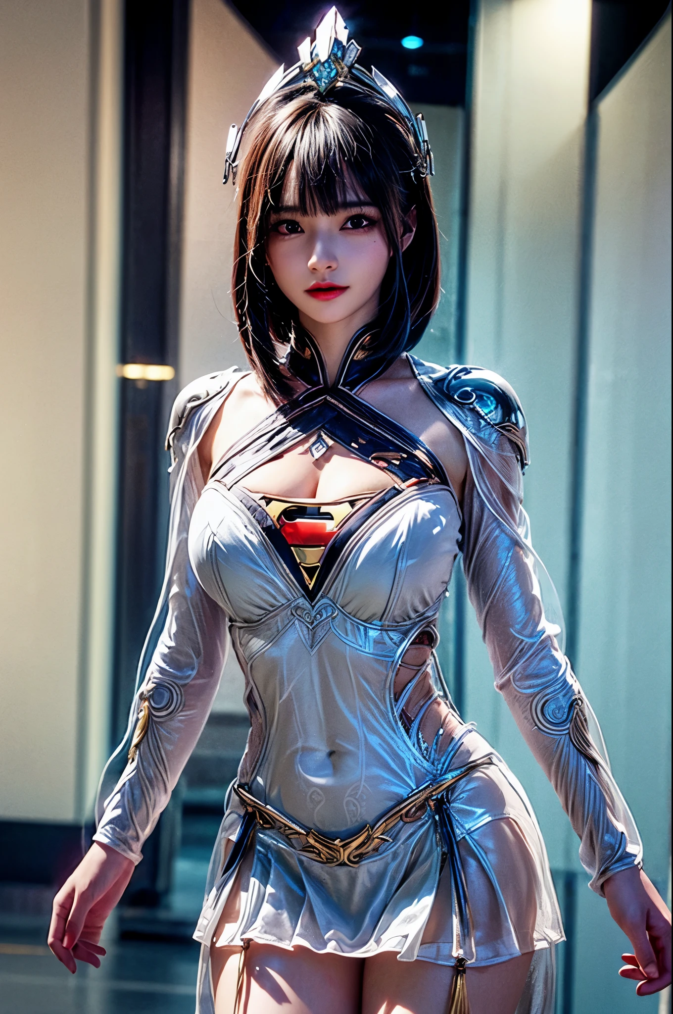 This is an artistic digital illustration portraying the bust of a female figure with supergirl costume and cybernetic enhancements and an elaborate mechanical headdress. (supergirl costume) The figure's facial expression is passive yet intense, with striking red eyes and blue makeup accentuating her features against the contrasting cool metallic tones of the machinery. Rich in detail, the artwork blends organic and mechanical aesthetics, combining smooth human skin with intricate gears, wires, and dripping,  Chinese aesthetic landscape  background as an RPG game asset, unreal engine, 