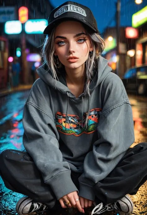 create a blank faded black washed hoodie, retro baggy, 90s, with a trucker hat on, beautiful female thin face, piercings on face...