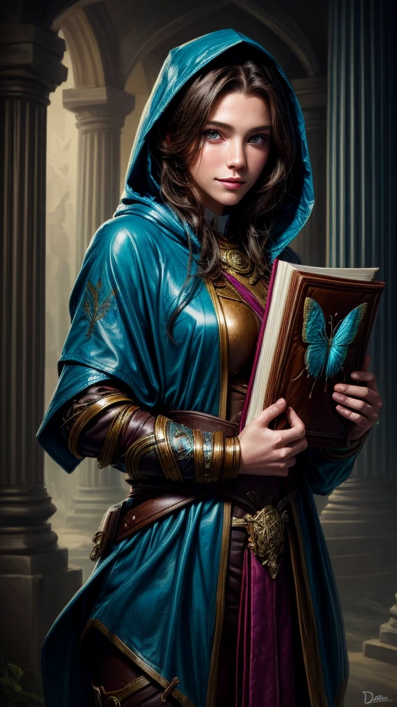 Speed painting of portrait of a fantasy female brunette human adventurer, with a fabric blue hood, in leather armour, in a temple, D&D character, holding a very large leather bound magical book with butterfly on the book cover, slight smile on face.