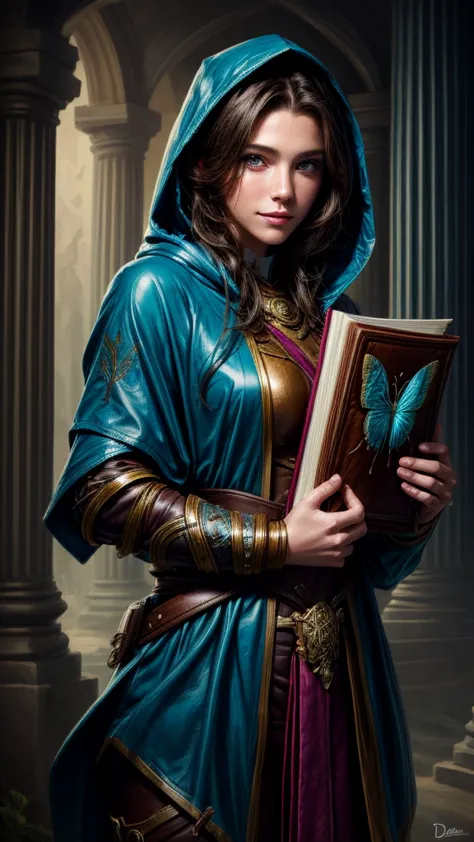 speed painting of portrait of a fantasy female brunette human adventurer, with a fabric blue hood, in leather armour, in a templ...