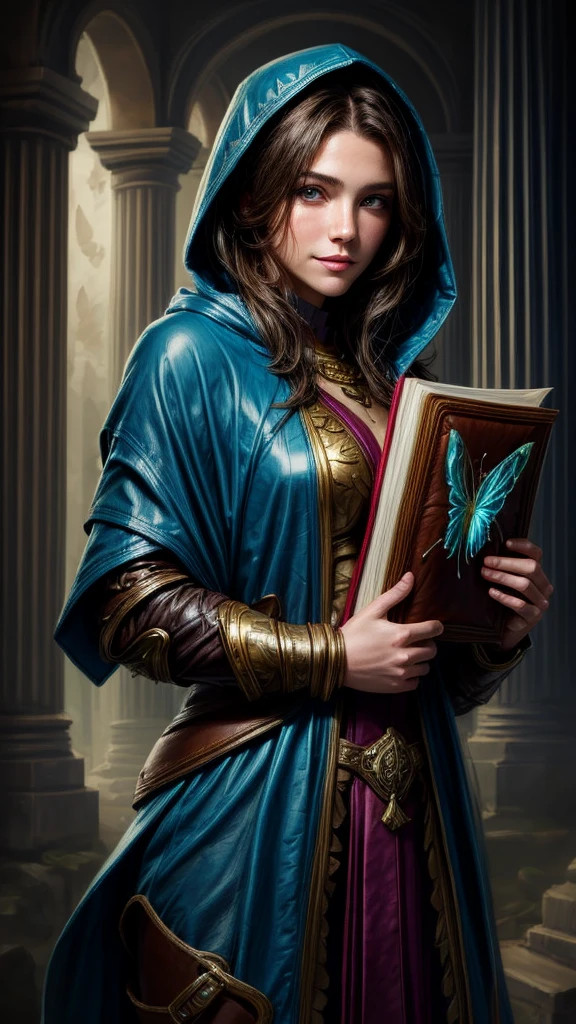 Speed painting of portrait of a fantasy female brunette human adventurer, with a fabric blue hood, in leather armour, in a temple, D&D character, holding a very large leather bound magical book with butterfly on the book cover, slight smile on face.