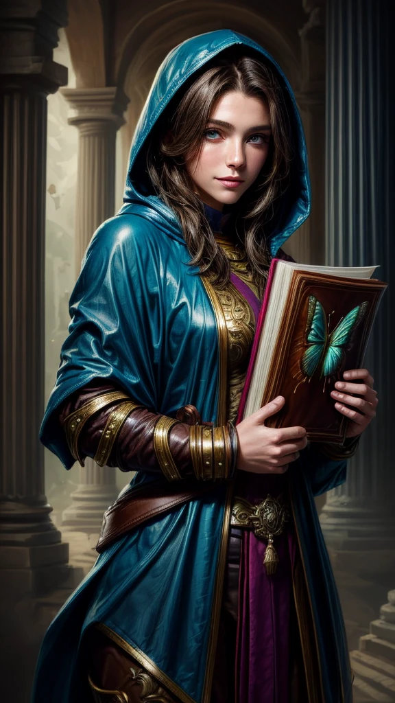 Speed painting of portrait of a fantasy female brunette human adventurer, with a fabric blue hood, in leather armour, in a temple, D&D character, holding a very large leather bound magical book with butterfly on the book cover, slight smile on face.