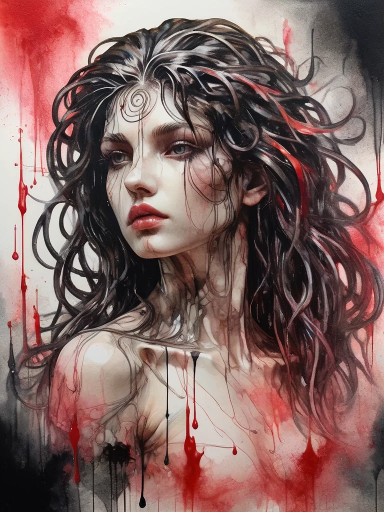 8K, rgb, hdr, pinturas de aceite, acuarelas, colores saturados brillantes, Anna Razumovskaya, Jarek Kubicki, Aleksi Brilo, Darek Zabrotsky, sakimichan, lois, Aminola Rezai, foto CRUDA, negro, dark Rojo, de cerca, Retrato de Medusa, mixed media collage. text with inscription "eloise", hermoso rostro. calligraphy, Gouache Wash, Boceto a pluma, lineas finas, Vintage illustration style. negro, blanco, Rosa coral, Rojo, pelo rubio, beautiful patterns  ral-negrolight