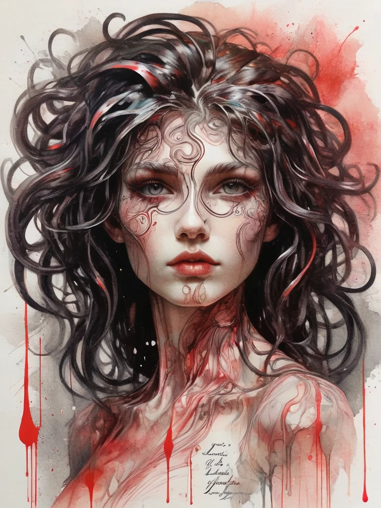 8K, rgb, hdr, pinturas de aceite, acuarelas, colores saturados brillantes, Anna Razumovskaya, Jarek Kubicki, Aleksi Brilo, Darek Zabrotsky, sakimichan, lois, Aminola Rezai, foto CRUDA, negro, dark Rojo, de cerca, Retrato de Medusa, mixed media collage. text with inscription "eloise", hermoso rostro. calligraphy, Gouache Wash, Boceto a pluma, lineas finas, Vintage illustration style. negro, blanco, Rosa coral, Rojo, pelo rubio, beautiful patterns  ral-negrolight