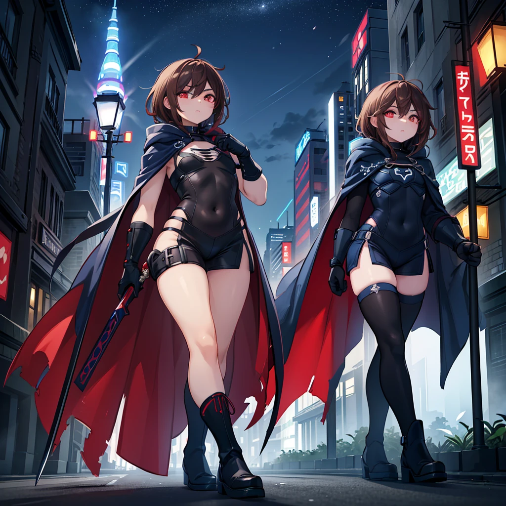 (masterpiece), (best quality), (high res) Solo, (perfect anatomy) 1boy, Femboy, superhero, crossdresser man, teenager, with a (dark blue with red accents full body Spandex crow themed suit), a blue cape, (blue glowing decal in the chest), black gloves,  black boots that resemble crow feet, and a hoodie, (long technological red sword), (brown skinned), red eyes, feminine shoulder length dark brown hair, (wide hips), (thick thighs) , (flat chest), (narrow waist), (suggestive pose), walking down street, (futuristic city), (night)