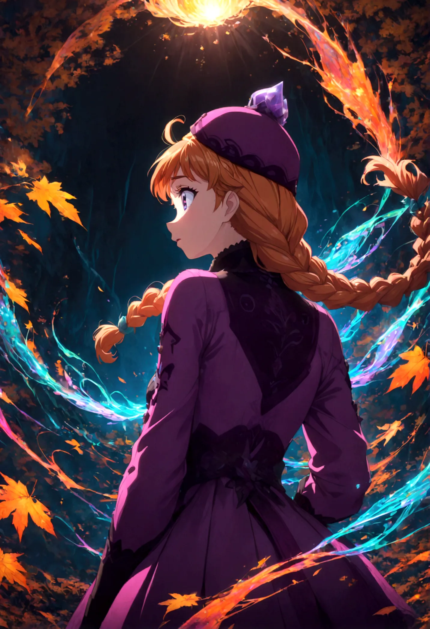 1girl, anna \(frozen\), anna of arendelle, purple cap, twin braids, winter mountain outfit, twin braids, braid, orange hair, sol...