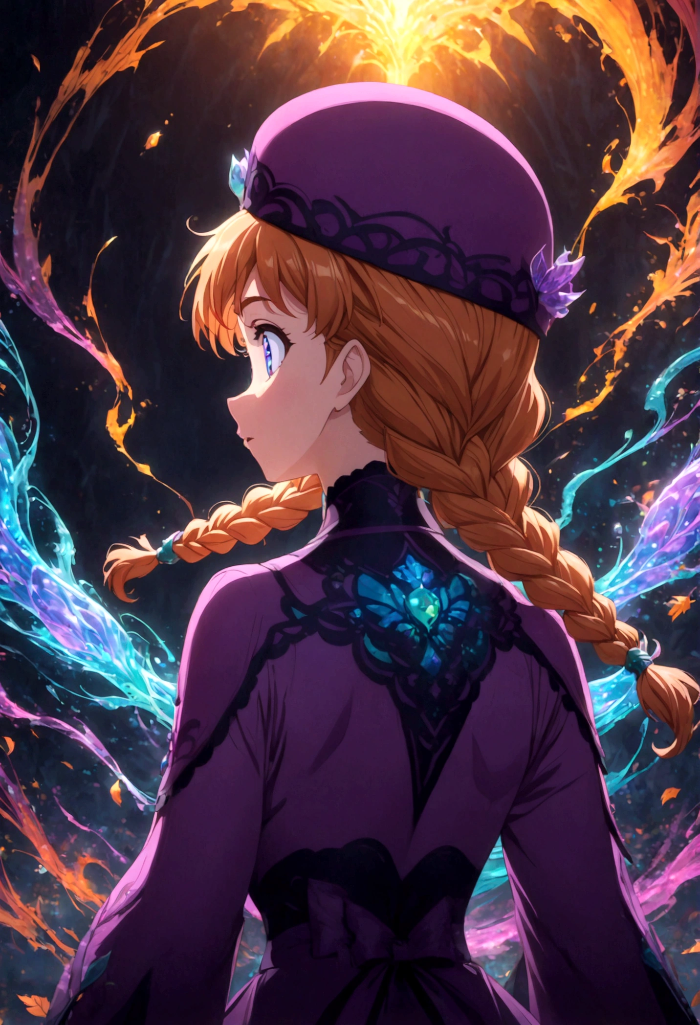 1girl, Anna \(frozen\), Anna of arendelle, purple cap, twin braids, winter mountain outfit, twin braids, braid, orange hair, solo, upper body, long hair, worm light, solo, disney, (Back View, from behind:1.4), autumn, anime screenshot, source_anime, dramatic composition, cinematic dynamic action scene, vibrant colors, cinematic lighting, dramatic lighting, best quality, masterpiece, very aesthetic, perfect composition, intricate details, ultra-detailed