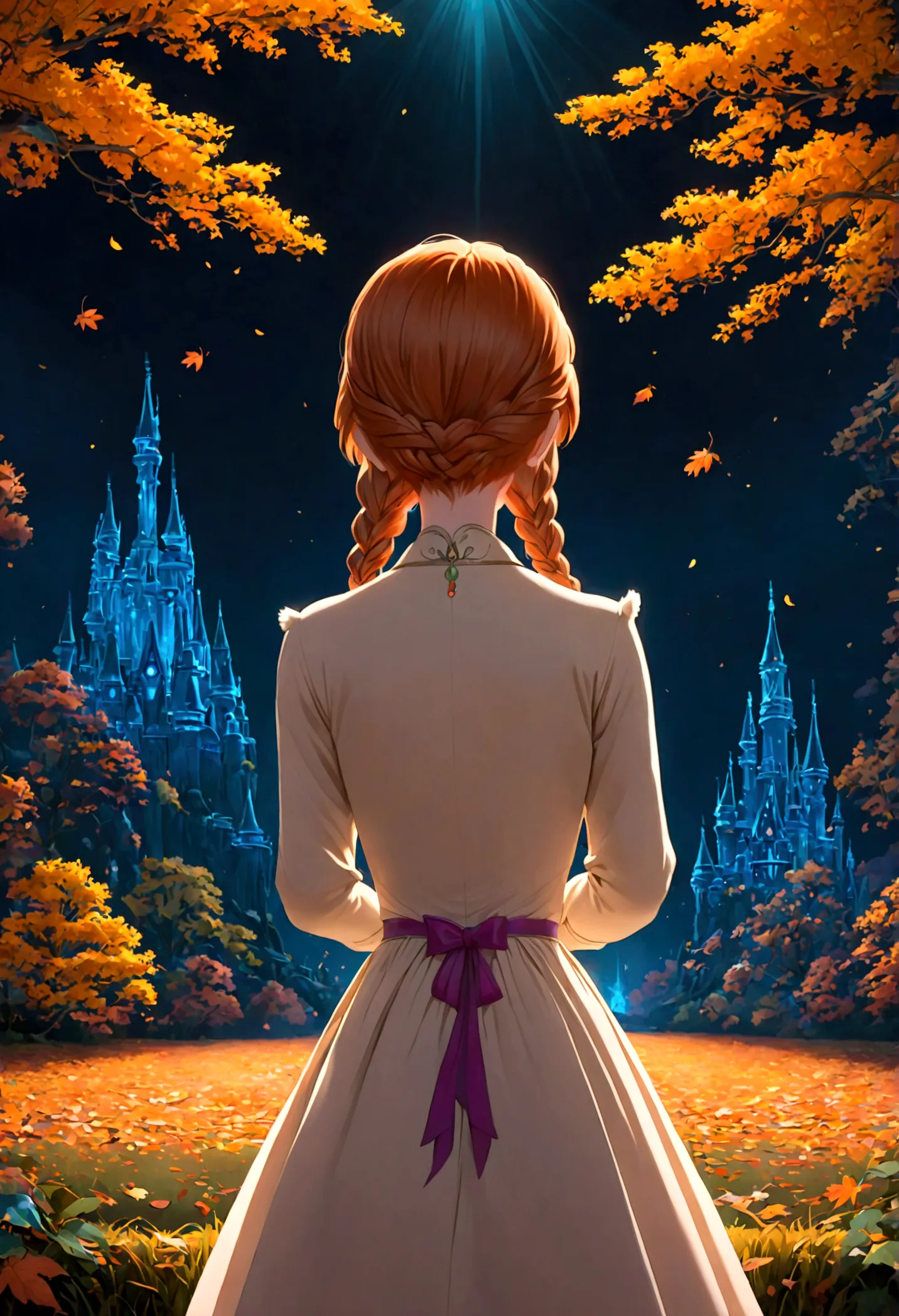 1girl, anna \(frozen\), anna of arendelle, cream jacket, cream pumps, updo, white dress, solo, twin braids, braid, orange hair, ...