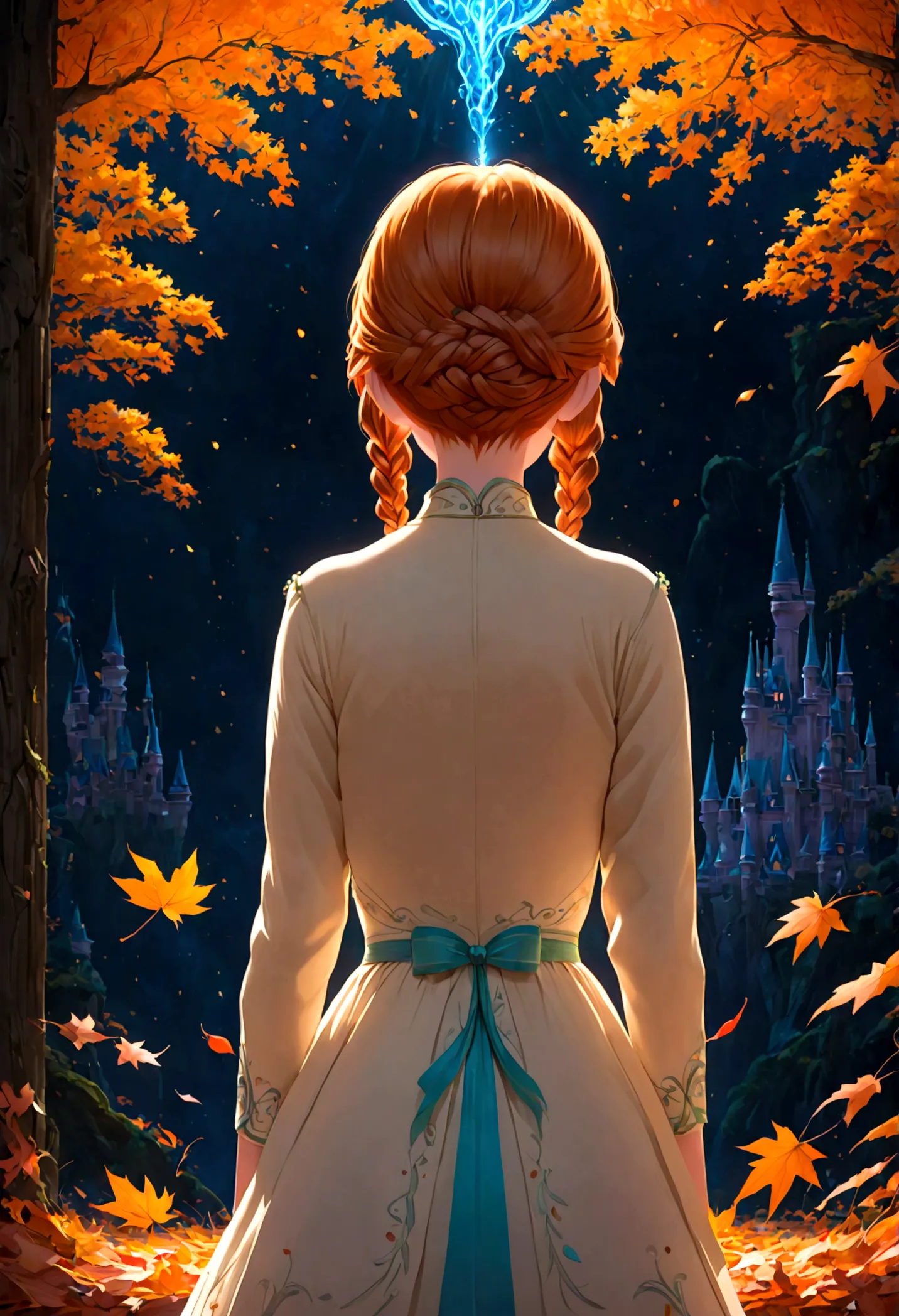 1girl, anna \(frozen\), anna of arendelle, cream jacket, cream pumps, updo, white dress, solo, twin braids, braid, orange hair, ...