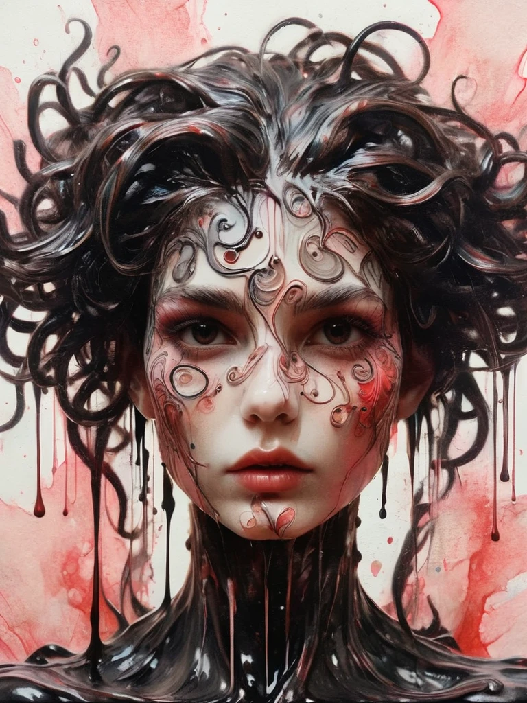 8K, rgb, hdr, pinturas de aceite, acuarelas, colores saturados brillantes, Anna Razumovskaya, Jarek Kubicki, Aleksi Brilo, Darek Zabrotsky, sakimichan, lois, Aminola Rezai, foto CRUDA, negro, dark Rojo, de cerca, Retrato de Medusa, mixed media collage. text with inscription "eloise", hermoso rostro. calligraphy, Gouache Wash, Boceto a pluma, lineas finas, Vintage illustration style. negro, blanco, Rosa coral, Rojo, pelo rubio, beautiful patterns  ral-negrolight