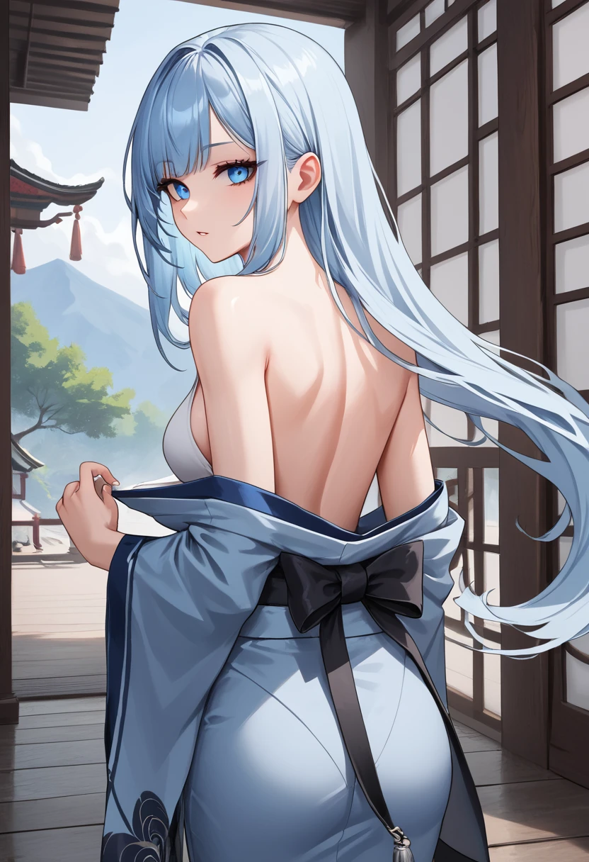 Anime School Girl, Wear a sexy outfit, Short kimono, Bare arms, Bare back, Bare shoulders, walk, Long Hair, Light blue hair, View the viewer, blue eyes