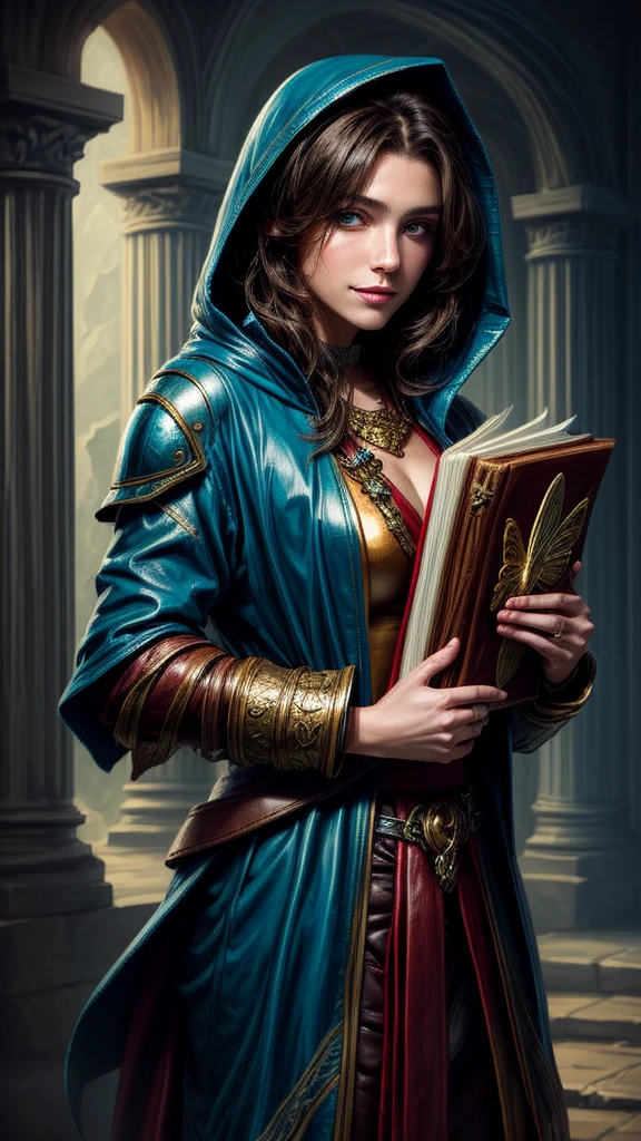 Speed painting of portrait of a fantasy female brunette human adventurer, with a dull blue leather hood, in leather armour, in a temple, D&D character, holding a very large leather bound magical book with butterfly on the book cover, slight smile on face.